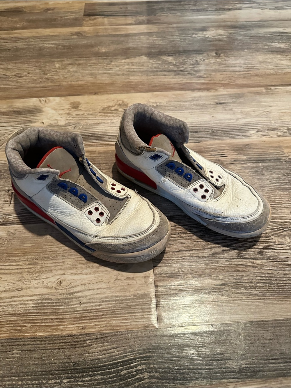 Jordan Kids White and Gray Athletic Shoes with Blue and Red Accents